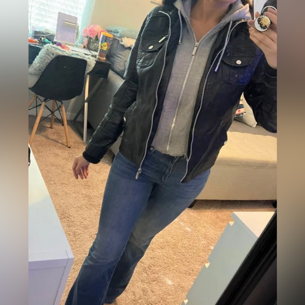 Faux leather Moto jacket with optical grey hood